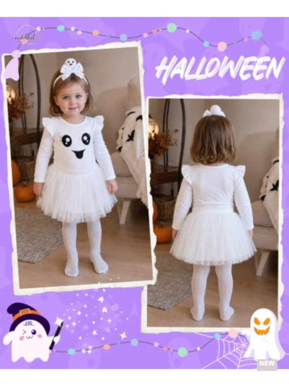 Toddler Girl Ghost Costume 4-Piece Bodysuit Tutu Headband Tights Halloween - Picture 4 of 6